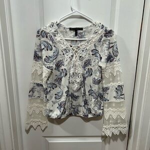 WHBM Lace-Up Paisley Blouse - Cream and Blue